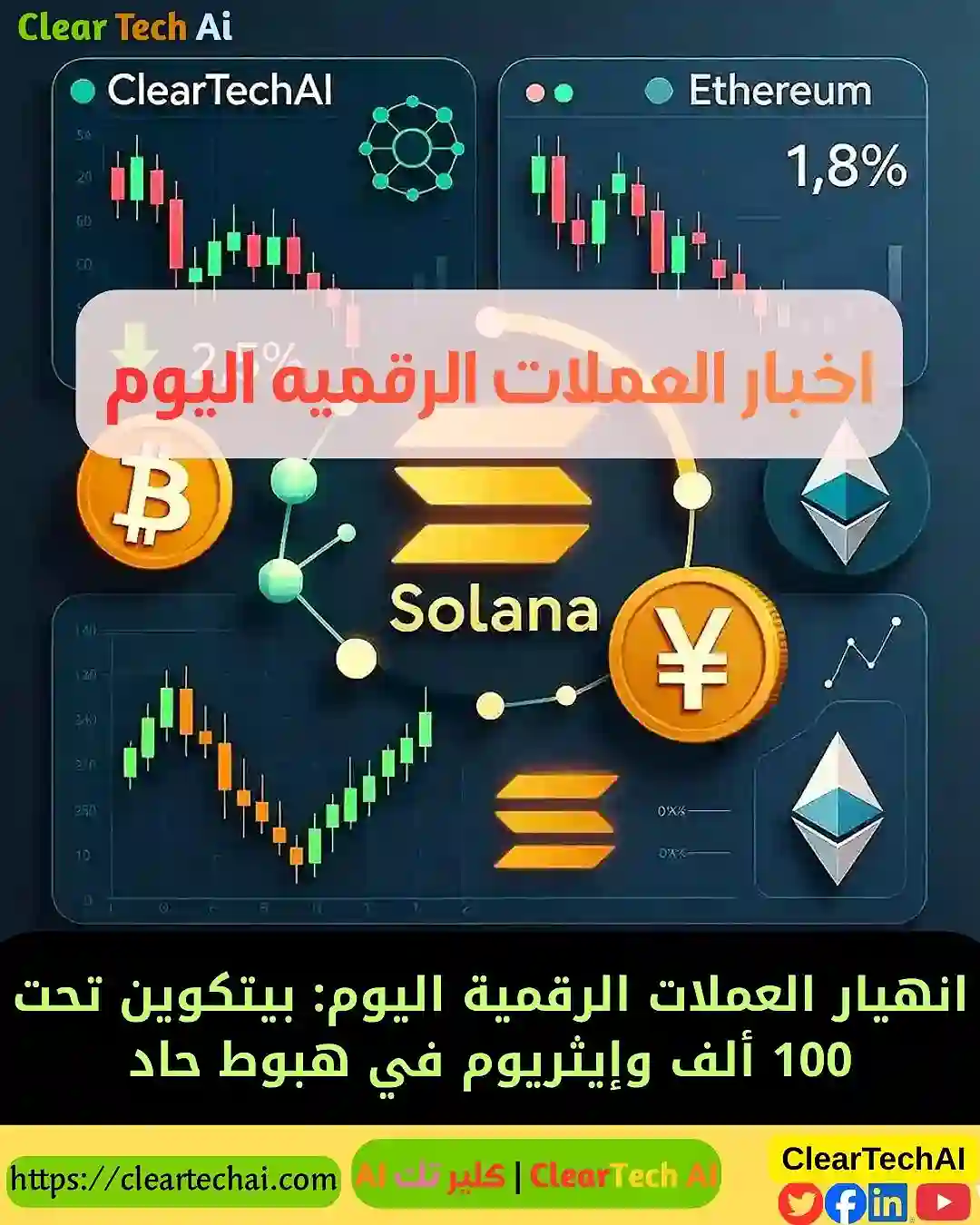 انهيار العملات الرقمية اليوم: بيتكوين تحت 100 ألف وإيثريوم في هبوط حاد
